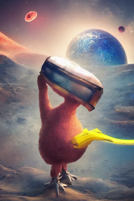 Image similar to a lonely chicken wearing a space suit without helmet in a alien planet, profile picture, digital art, concept art, trending on DeviantArt, highly detailed, high quality, 4K, cartoon, high coherence, path traced, blue sky in the background, octane render, digital painting, no helmet, masterpiece, anatomically correct, hyperrealistic