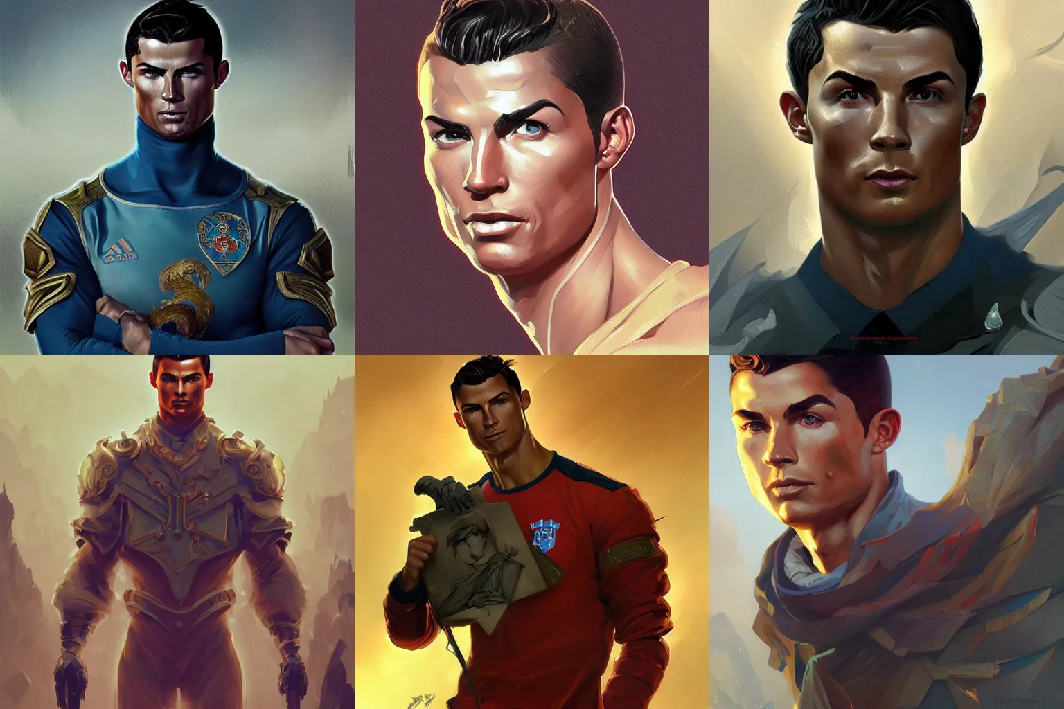 Prompt: Cristiano Ronaldo Russian hero digital fantasy character, painted portrait, artstation, concept art, hard focus, illustrations, works by Artgerm and Greg Rutkowski, Alphonse Mucha and Craig Mullins, James Jean, Andrey Ryabovichev, Mark Simonetti and Peter Morbacher, 16k