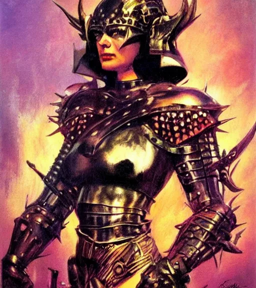 Image similar to portrait of strong female chaos angel, beautiful! coherent! by frank frazetta, by brom, strong line, vivid neon color, spiked metal armor, iron helmet maximalist