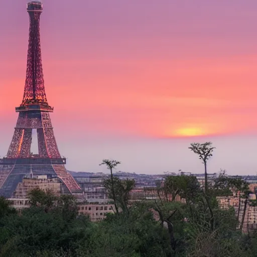 Image similar to baobab tree sunset with mountains and a pink eiffel tower upside down