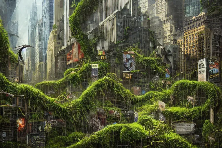 Prompt: an epic landscape view of vines and moss growing all over times square in new york city, moss, jungle, with pterosaurs flying, close - up, low angle, wide angle, atmospheric, volumetric lighting, cinematic, very realistic, sharp, highly detailed digital art, painted by tyler edlin