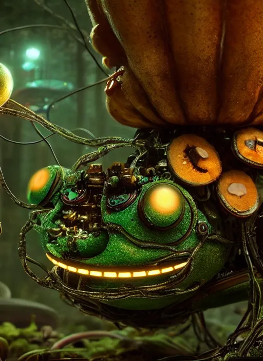 Image similar to portrait of an intricate mechanical caterpillar sitting on a mushroom in a magical forest. Very detailed 8k. Fantasy cyberpunk horror. Sharp. Cinematic post-processing