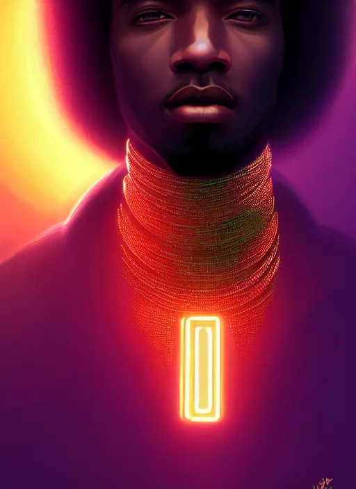 Image similar to portrait of young black man with glowing jewels, afro - futurist style, intricate, elegant, glowing holographic screen, highly detailed, digital painting, artstation, concept art, smooth, sharp focus, illustration, art by wlop, mars ravelo and greg rutkowski