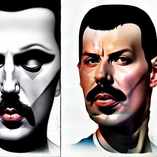 Image similar to wide - angle shot of egor letov and freddy mercury, photorealistic, highly detailed, digital art, by artgerm, 4 k