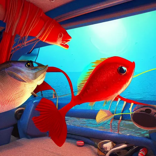 Image similar to gizmo goes deep sea fishing in a sportfisherman boat. gizmo is fishing for swedish fish candy by using gummi worm candy as bait. photorealistic digital art, epic fantasy, dramatic lighting, cinematic, extremely high detail, cinematic lighting, trending, artstation, cgsociety, 3 d ue 5, 4 k, hq