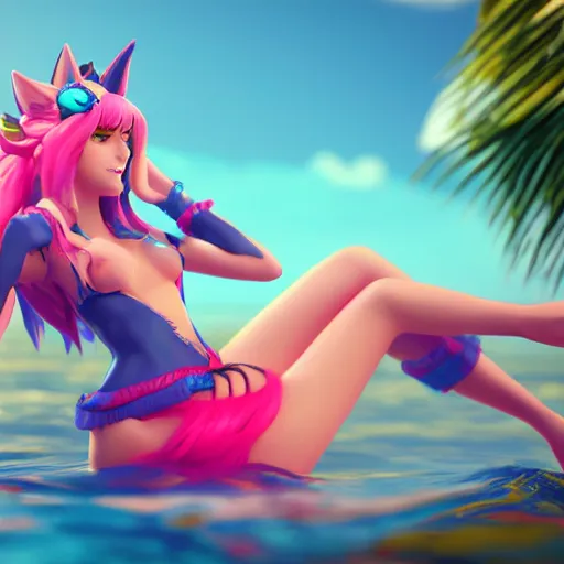 Image similar to beautiful render of pool party Ahri (league of legends) looking at the horizon in a hawaii beach, 3d, octane render, realistic, highly detailed, trending on artstation