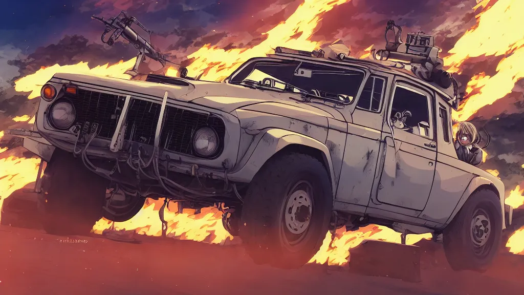 Image similar to anime illustration of mad max's fj 4 0 pursuit special, the last v 8 interceptor driving down to the gates of valhalla highway, riding fury road eternal shiny and chrome, world of fire and blood, by makoto shinkai, ilya kuvshinov, lois van baarle, rossdraws, basquiat, global illumination ray tracing hdr