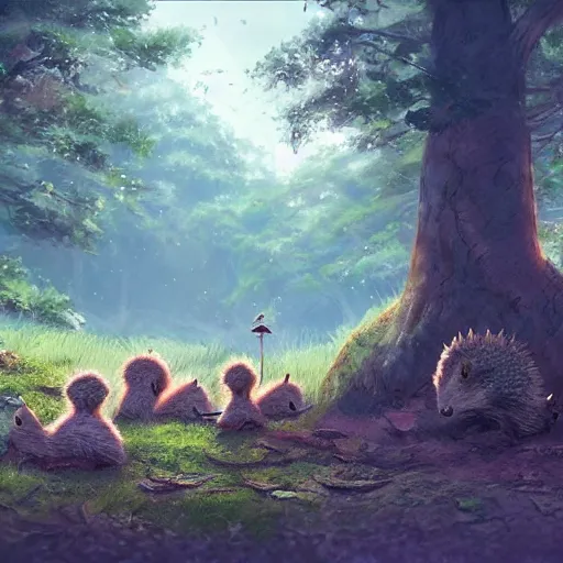 Image similar to a family of hedgehogs in the forest, in the style of makoto shinkai and greg rutkowski and james gurney