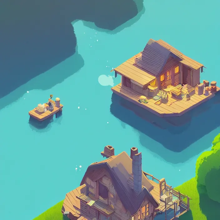 Prompt: isometric view of a cozy cottage in the middle of a lake, isometric design, cory loftis, james gilleard, atey ghailan, makoto shinkai, goro fujita, studio ghibli, exquisite lighting, clear focus, very coherent, soft painting