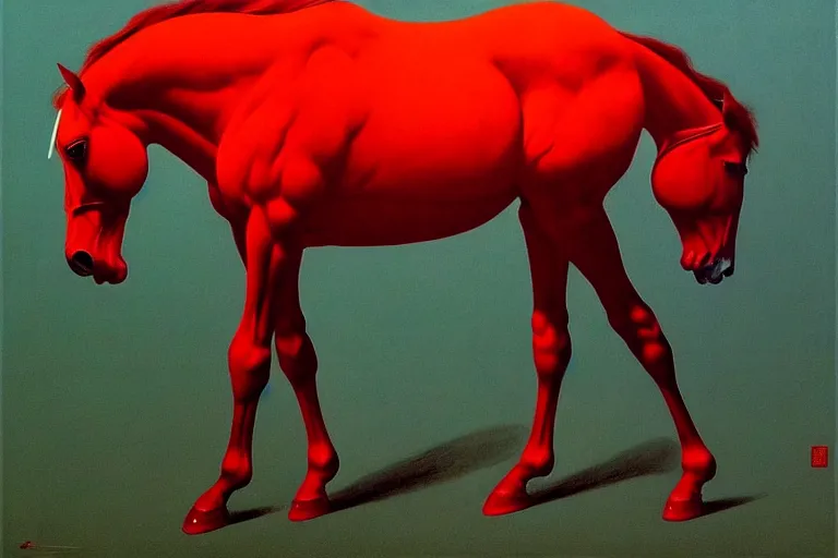 Image similar to a red horse, in the style of beksinski, parts by edward hopper, parts by rodcenko, parts by yue minjun, intricate and epic composition, red by caravaggio, insanely quality, highly detailed, masterpiece, red light, artstation, 4 k