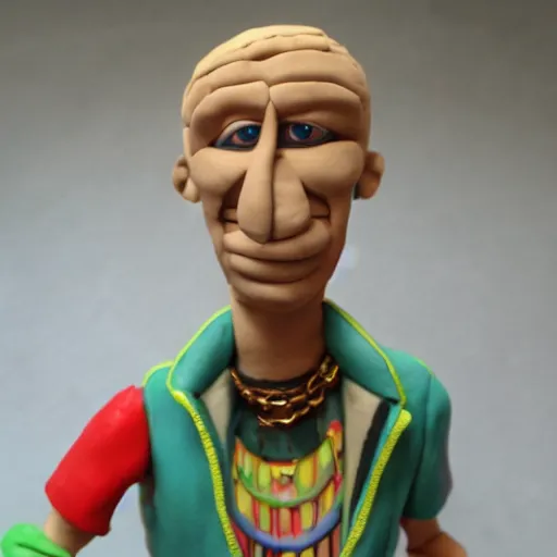 Prompt: riff raff, made of clay, as a claymation character