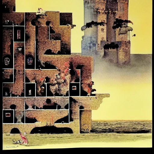 Image similar to by ralph steadman defined, improvisational babylonian, tetris. a beautiful print of a castle in the clouds.