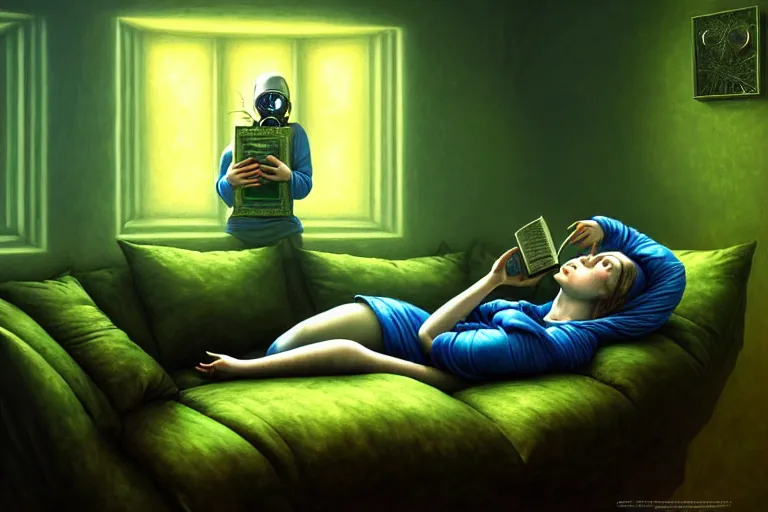 Image similar to girl with wearing a gas mask lying on the sofa reading a book in her room, in the style of tomasz alen kopera, solarpunk, atmospheric, clean, intricate and epic composition, green by caravaggio, insanely quality, highly detailed, masterpiece, blue light, artstation, 4 k