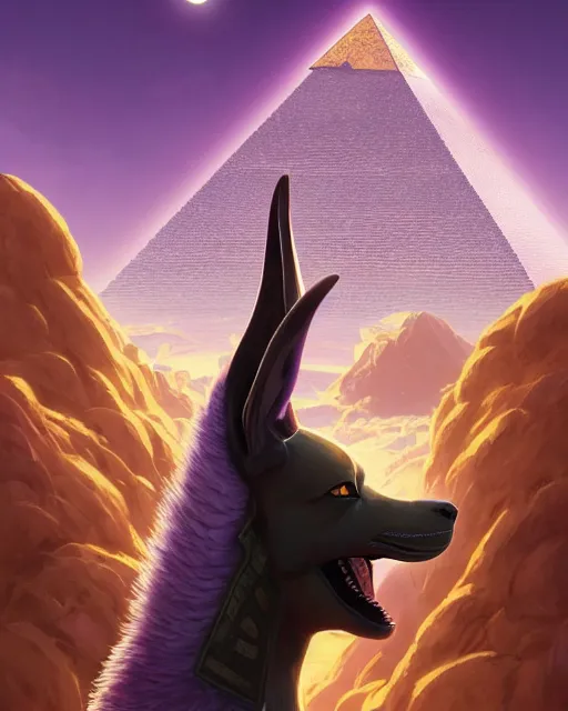 Image similar to highly detailed vfx portrait of anubis with pyramid behind them, sky galaxy purple, unreal engine, greg rutkowski, loish, rhads, beeple, makoto shinkai and lois van baarle, ilya kuvshinov, rossdraws, tom bagshaw, alphonse mucha, global illumination, detailed and intricate environment