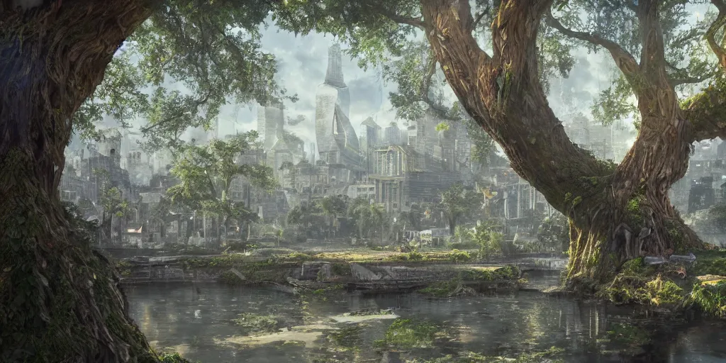 Prompt: A city built into a giant tree, cinematic lighting, detailed oil painting, hyperrealistic, 8k