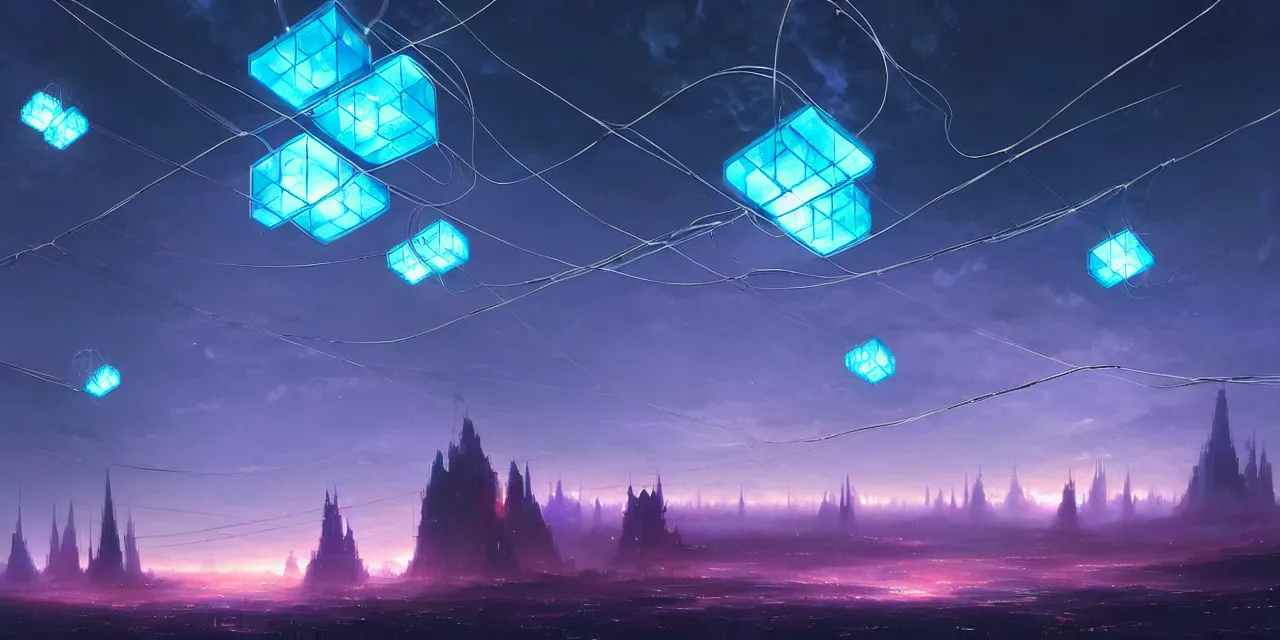 Prompt: a fleet of giant glowing futuristic cubes tied to each other with lots of wires in the sky, thick messy wires, a fantasy magical landscape seen in the distance, atmospheric lighting, intricate, volumetric lighting, beautiful, sharp focus, ultra detailed, in the art style of marc simonetti, bowater charlie and brom gerald, astrophotography