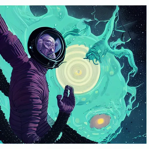 Prompt: digital character poster painting of an elder god in space by Tomer Hanuka, hyperdetailed, cosmic horror, vivid colors, trending on Artstation