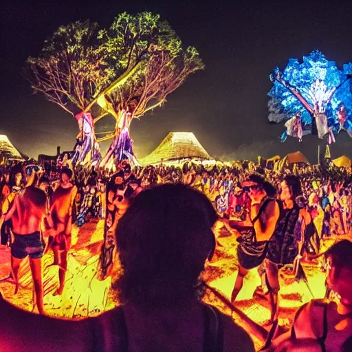 Image similar to A monkey at ozora festival by night