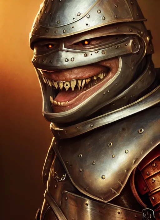 Image similar to highly detailed closeup portrait of a medieval goblin dressed as a knight, stephen bliss, unreal engine, greg rutkowski, ilya kuvshinov, ross draws, hyung tae and frank frazetta, tom bagshaw, tom whalen, nicoletta ceccoli, mark ryden, earl norem, global illumination, god rays, detailed and intricate environment