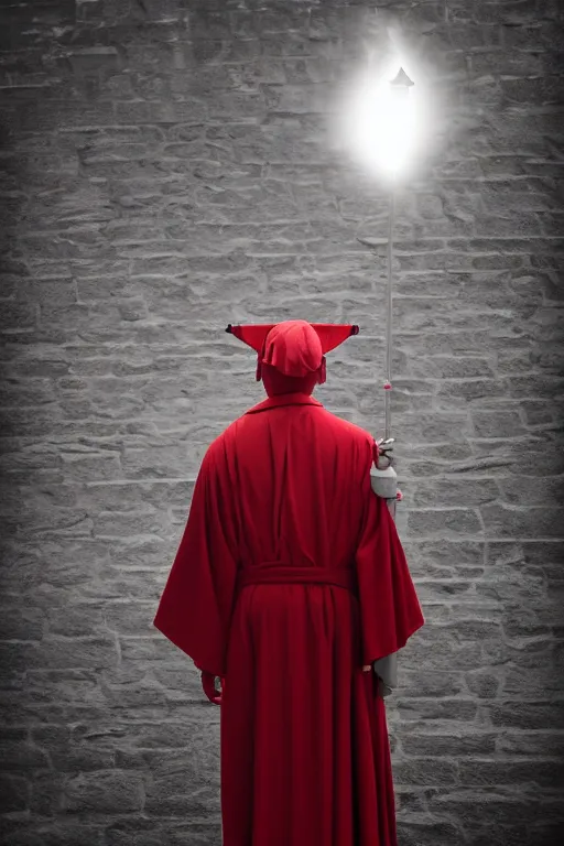 Prompt: award winning photo of the Statue of Liberty at Ellis Islandwearing Handmaid's Tale Costume, red robe, white bonnet, holding a torch, dramatic, cinematic lighting, 4k