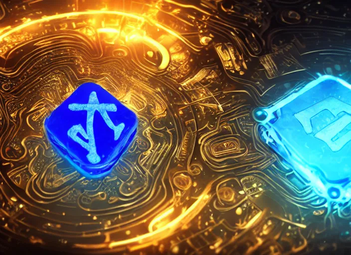 Image similar to magic golden computer chip with runes and a glowing blue crystal in the center, mana flowing around it, product photo, trending on artstation, unreal engine 5, 4 k, 8 k