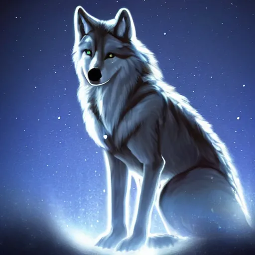 Prompt: a wolf made out of clear crystal with moon shining through it, fantasy art, high definition, lens flares