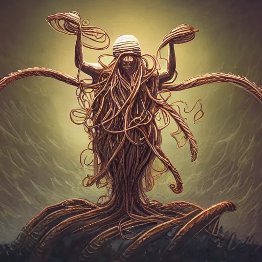 Image similar to flying spaghetti monster with the pope, artstation, fantasy