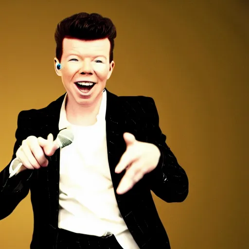 Image similar to young Rick Astley performing Never Gonna Give You Up, singing into a microphone while dancing, black suit, striped shirt, light background, full color photograph, 4k