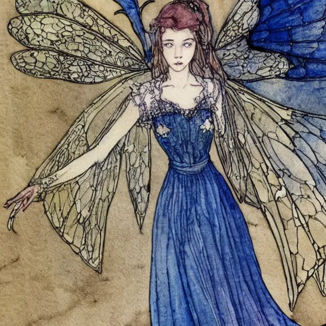 Prompt: a detailed, intricate watercolor and ink portrait illustration with fine lines of young 1 4 year old scarlett johannson as a fairy with dragonfly wings from her shoulders in a dress, by arthur rackham and edmund dulac and lisbeth zwerger