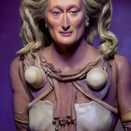 Prompt: animatronic Meryl Streep, exposed mechanics, photo, Stan Winston studios, detailed, 4k