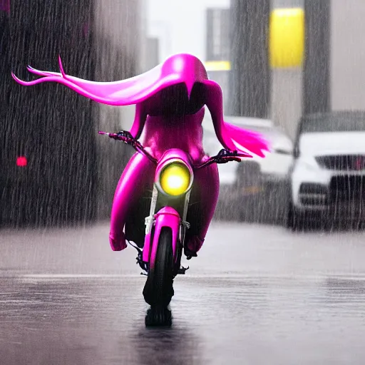 Image similar to hyper realistic, photo, humanoid pink female Squid girl, riding a motorcycle wheelie fast in the rainy city traffic