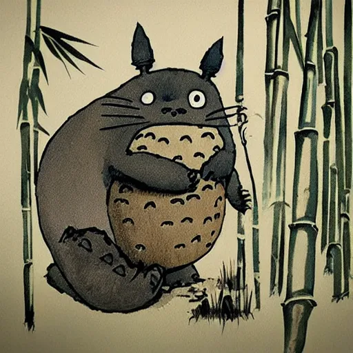 Image similar to “totoro surrounded by bamboo, ink wash painting”