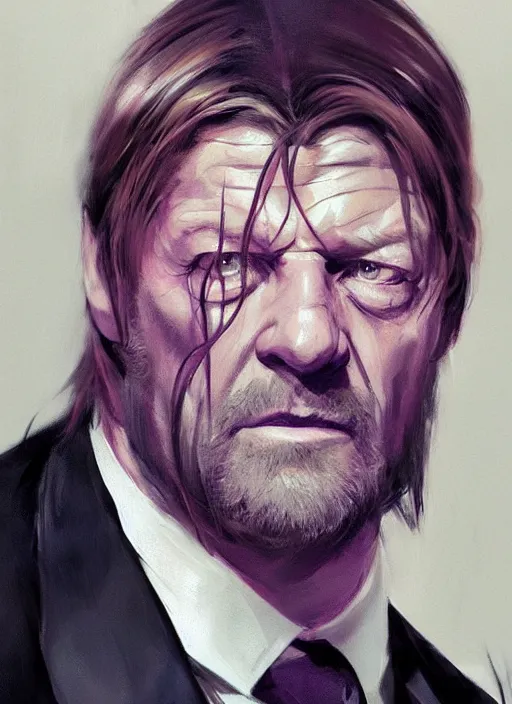 Prompt: sean bean wearing a dark purple suit, elegant, digital painting, concept art, smooth, sharp focus, illustration, by ruan jia and mandy jurgens and artgerm and william - adolphe bouguerea