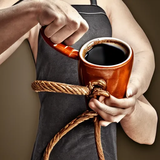 Prompt: a mug of coffee holding swinging a whip, highly detailed, 4k