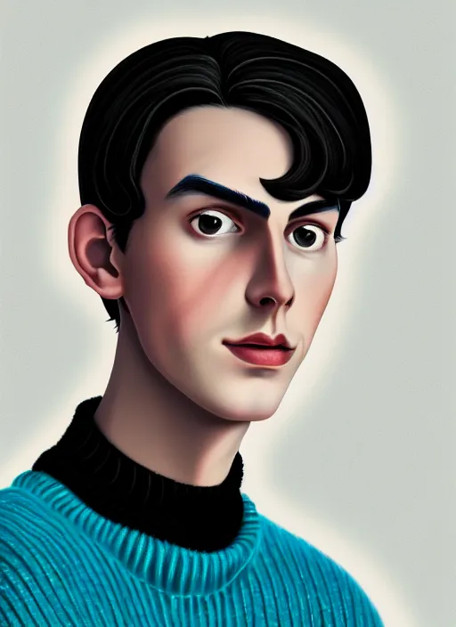 Image similar to portrait of teenage jughead jones wearing a light grey crown, crown, blue turtleneck, 1 9 5 0 s, closed eyes, photorealistic, black hair, glowing lighting, intricate, elegant, glowing lights, highly detailed, digital painting, artstation, concept art, smooth, sharp focus, illustration, art by wlop, mars ravelo and greg rutkowski