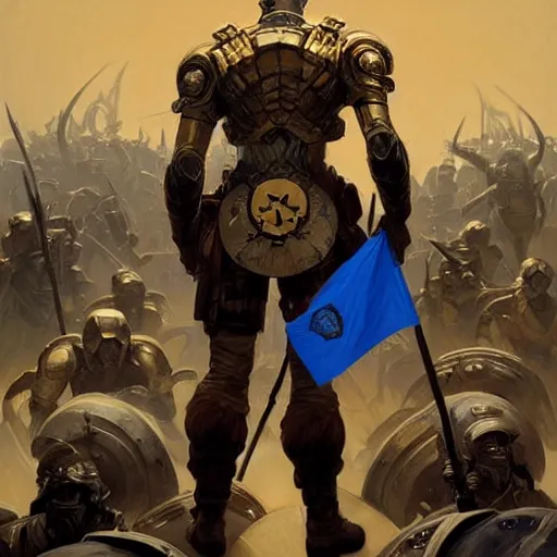 Image similar to a full body shot from behind of a super soldier with a golden and blue flag on his shoulders standing on a pile of skulls in triumph after battle, western, D&D, fantasy, intricate, elegant, highly detailed, digital painting, artstation, concept art, matte, sharp focus, illustration, art by Artgerm and Greg Rutkowski and Alphonse Mucha