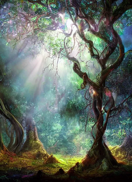 Prompt: a beautiful painted ayahuma tree with dark roots and white light in the branches, god rays, shamanism, matte painting, fantasy art, ayahuasca