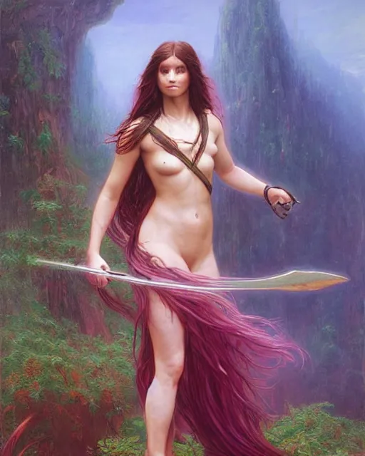 Image similar to beautiful female warrior, half body portrait, long flowing hair, standing in a fantasy environment, realistic oil painting by Thomas Cole and Wayne Barlowe