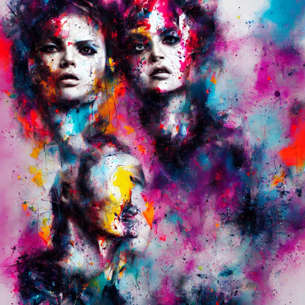 Prompt: abstract portrait of female shape, city in the background, beautiful abstract female shape, rule of thirds, face symmetry, colourful spray paint splatters, expressive, abstract art, by greg rutkowski, by jeremy mann, by francoise nielly, 4 k, 8 k, correct body proportion, cinematic style, female shape shadow