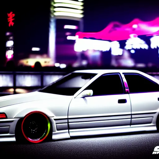 Image similar to a car JZX100 twin turbo drift at illegal car meet, Shibuya prefecture, city midnight mist lights, cinematic lighting, photorealistic, highly detailed wheels, high detail