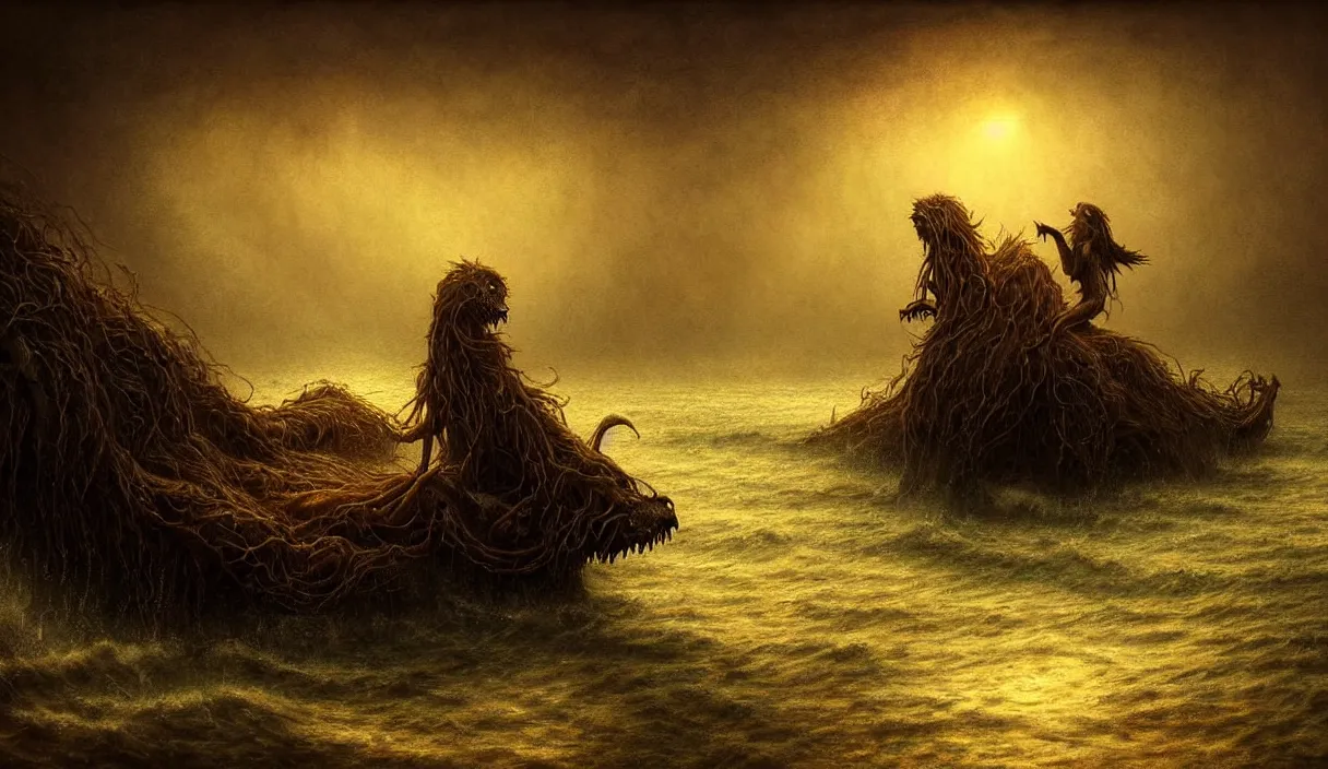 Image similar to epic professional digital art of hungry eyes, ambient golden light, painted, mysterious, cinematic seaside terrifying animals scene, eerie, mythic, detailed, intricate, grand, leesha hannigan, wayne haag, reyna rochin, ignacio fernandez rios, mark ryden, van herpen, artstation, cgsociety, epic, stunning, gorgeous, wow wow detail