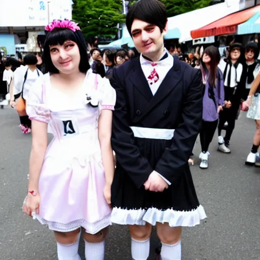 Image similar to cute looking martin shkreli in maid dress photographed at harajuku tokyo street fashion event,