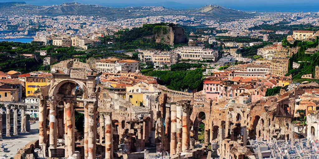 Prompt: rateo, colosseo, tilt shift, gulf of Naples, sorrento view, Pompeian, naval battle, italian masterpiece, wind, sky in background, wind rose, Ashford Black Marble, sculpture, baroque, draped with red Hibiscus and vines and spines, marble and hint gold, stars, puffy clouds, suns, moons, drapes, dead fruits, Obsidian, pomegranade, armour, medieval globe, glass, portrait, mage, centaur, siren, lion, chariot, rabbit, snails, render, artstation, ultra detailed