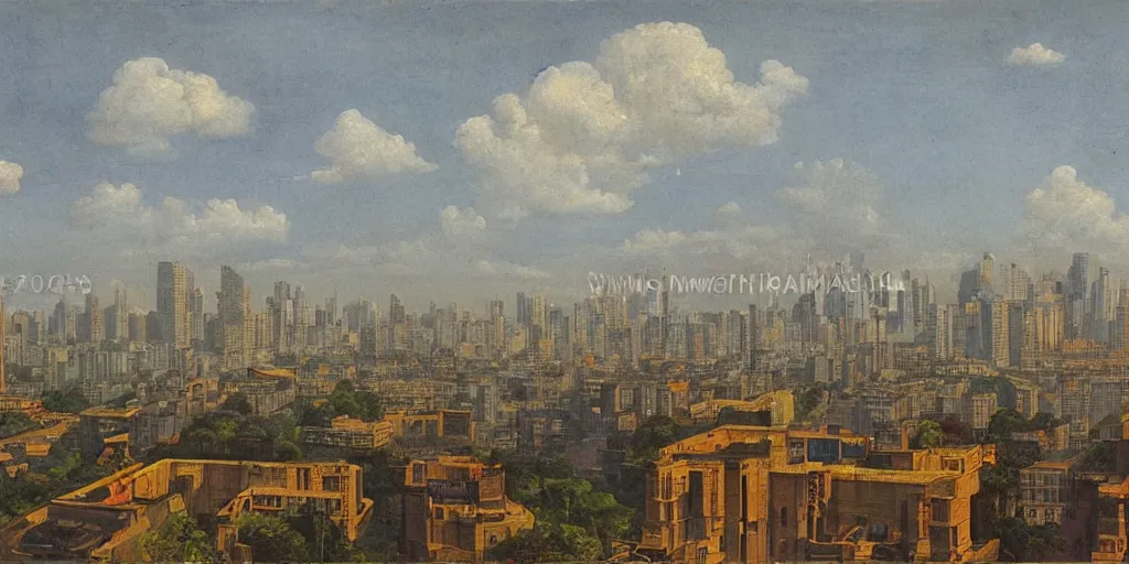 Image similar to mumbai skyline in the style of raja ravi varma, high detail, realism, national gallery of delhi