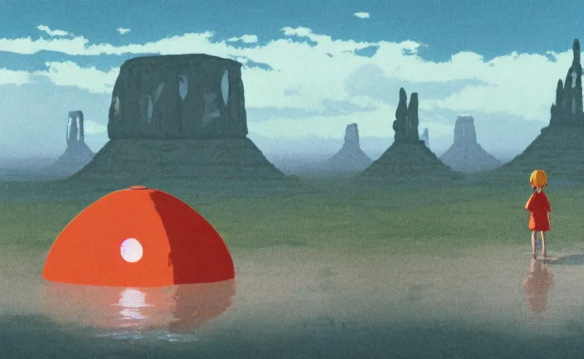 Image similar to a realistic cell - shaded studio ghibli concept art from paprika ( 2 0 0 6 ) of a cubic multi - colored rocketship from close encounters of the third kind ( 1 9 7 7 ) in a flooded monument valley stonehenge jungle jungle on a misty starry night. a camel caravan is in the foreground. very dull colors, portal, hd, 4 k, hq