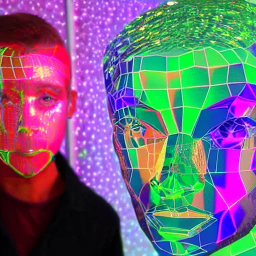 Image similar to a 3d human head made up of shiny holograms