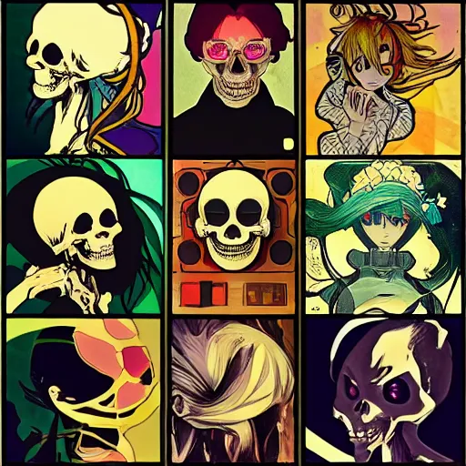 Image similar to anime manga skull portrait girl female skeleton astronaut illustration 80s art frank miller dirko and alphonse mucha pop art nouveau