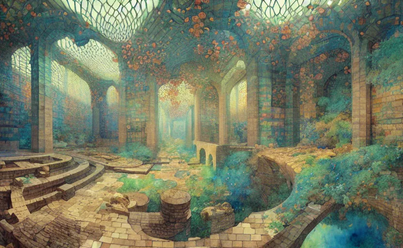 Image similar to tiled room squared waterway, aqueducts, fantasy. intricate, amazing composition, colorful watercolor, by ruan jia, by maxfield parrish, by marc simonetti, by hikari shimoda, by robert hubert, by zhang kechun, illustration, gloomy