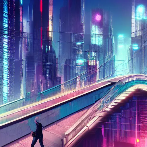Image similar to a man standing on top of a bridge over a city, cyberpunk art by Vincent Lefevre, behance contest winner, altermodern, cityscape, synthwave, matte painting