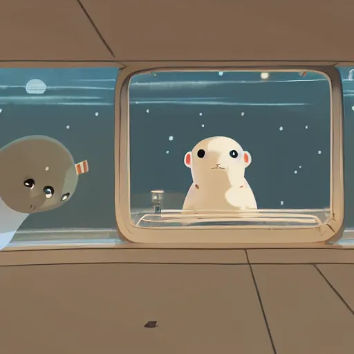Image similar to baby harp seals as astronaut in space, atey ghailan, goro fujita, studio ghibli, rim light, sharp lighting, clear focus, very coherent,